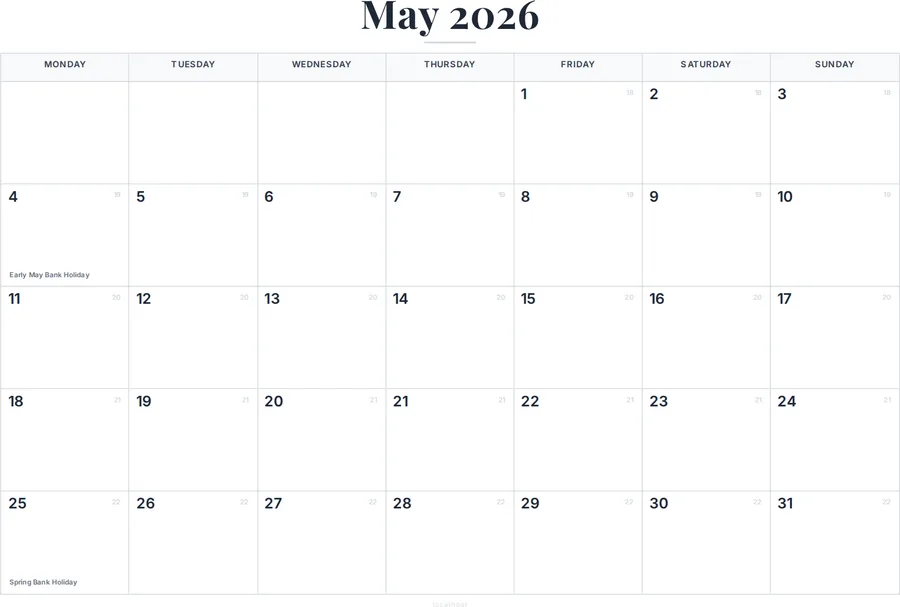 May 2026 Calendar Printable with UK Holidays preview