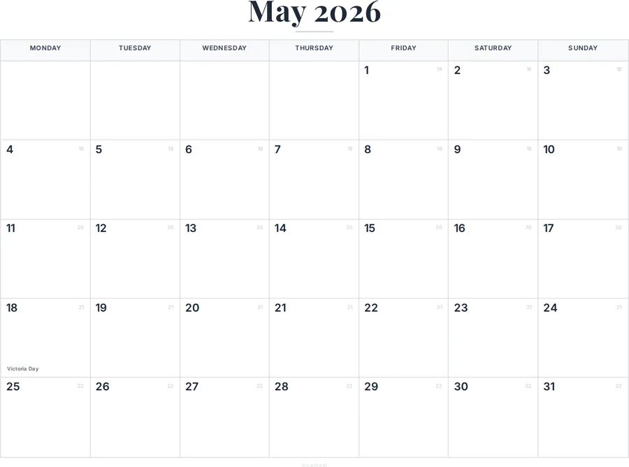 May 2026 Calendar Printable with Canada Holidays preview