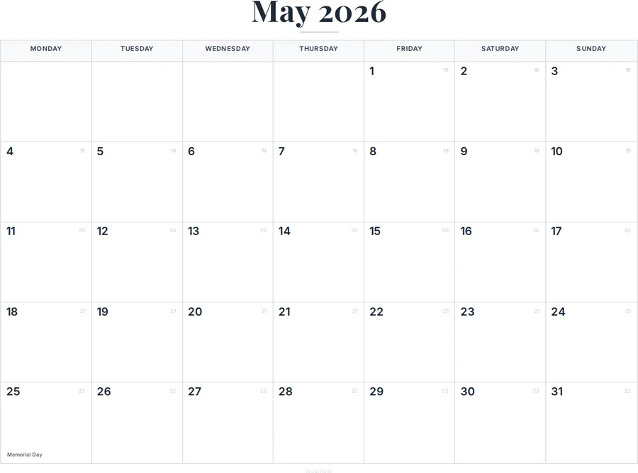 May 2026 Calendar Printable with US Holidays preview
