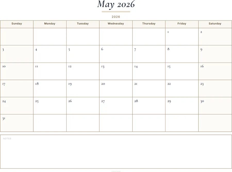 May 2026 Calendar Printable with Notes - Classic preview