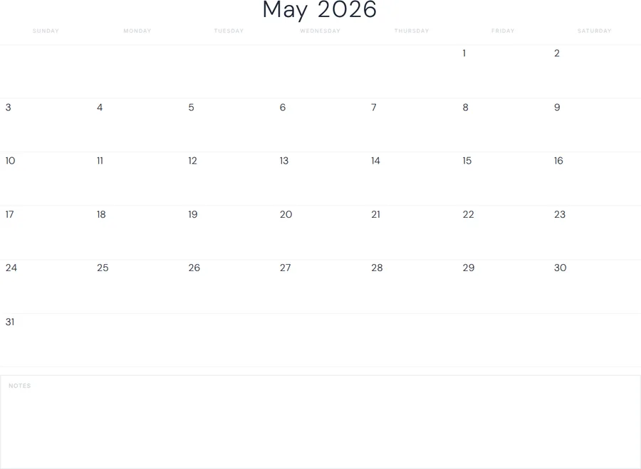May 2026 Calendar Printable with Notes - Minimal preview