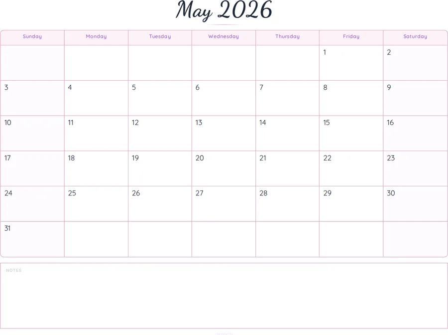 May 2026 Calendar Printable with Notes - Script preview
