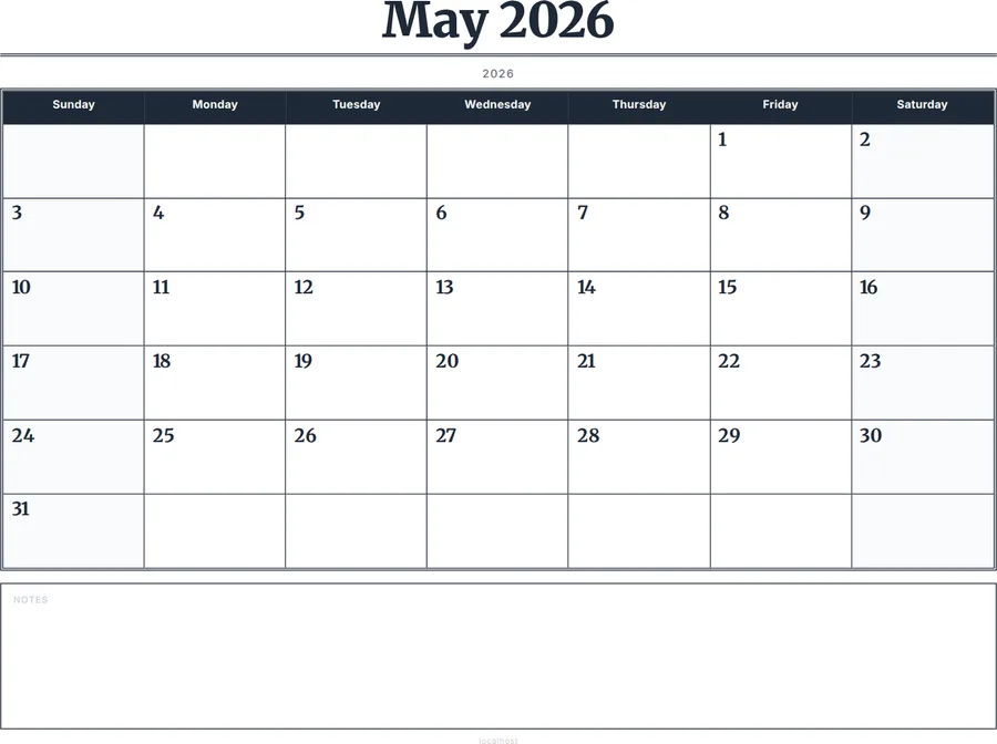 May 2026 Calendar Printable with Notes - Serif Grid preview