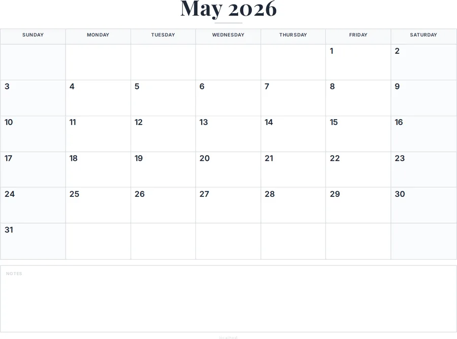 May 2026 Calendar Printable with Notes preview