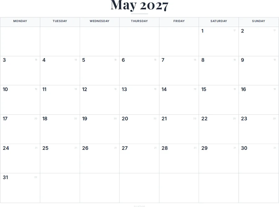 May 2027 Calendar with Holidays preview