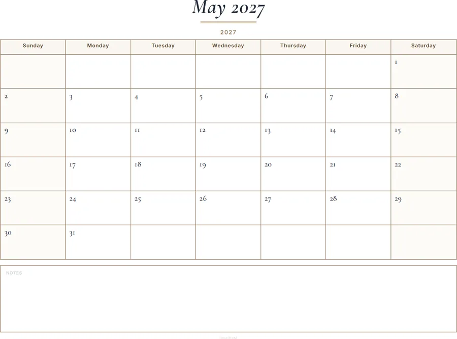 May 2027 Calendar Printable with Notes - Classic preview