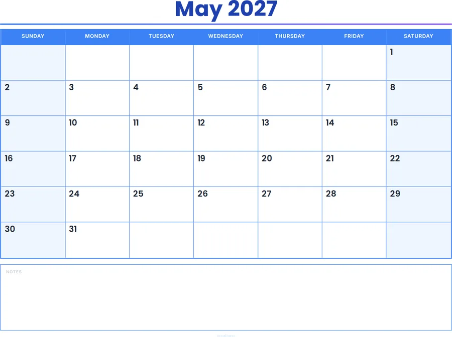 May 2027 Calendar Printable with Notes - Colored Header preview