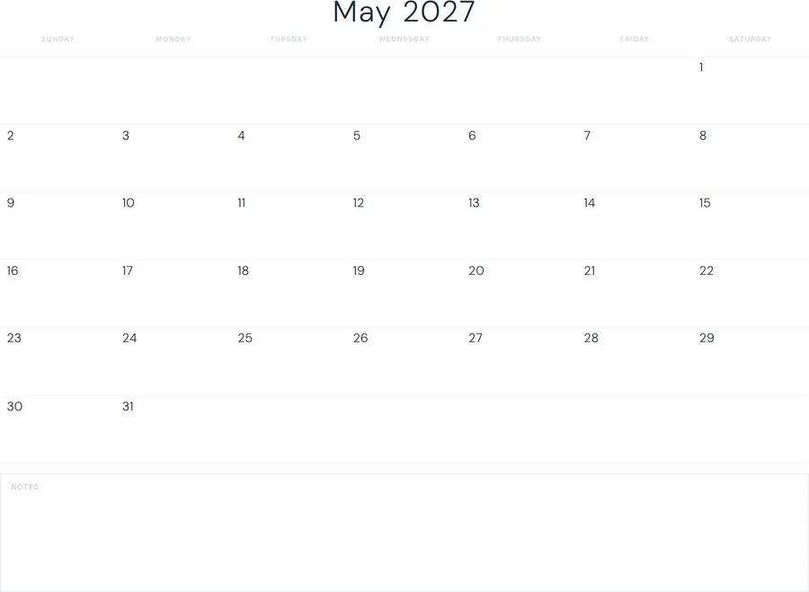 May 2027 Calendar Printable with Notes - Minimal preview
