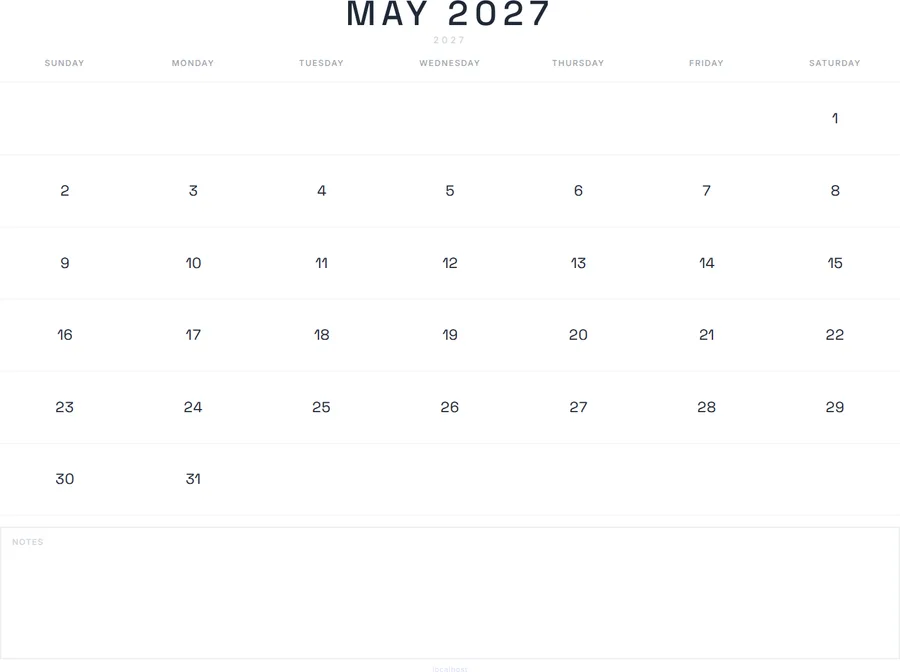 May 2027 Calendar Printable with Notes - Modern preview