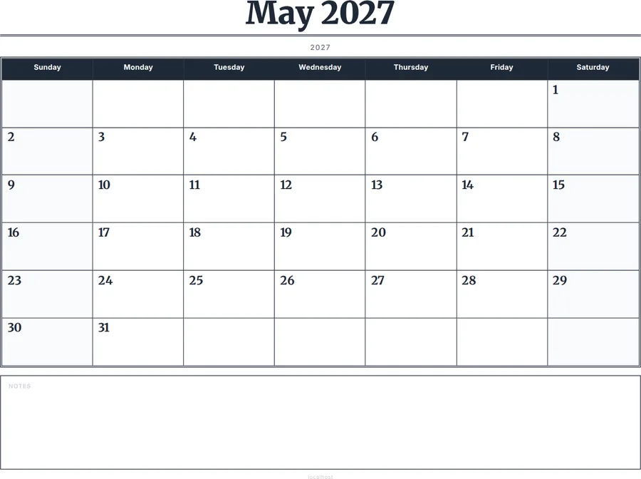 May 2027 Calendar Printable with Notes - Serif Grid preview