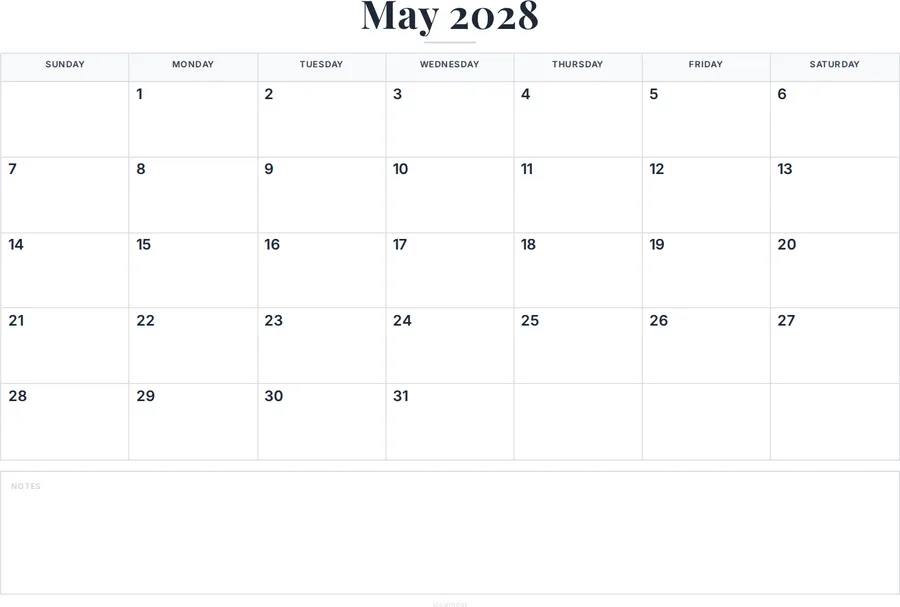 May 2028 Calendar Printable with Notes preview