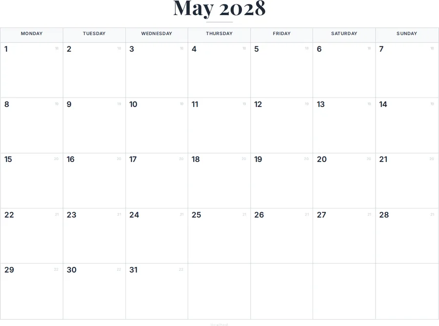 May 2028 Calendar with Holidays preview