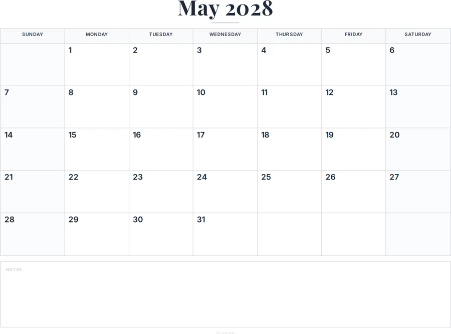 May 2028 Calendar Printable with Notes preview