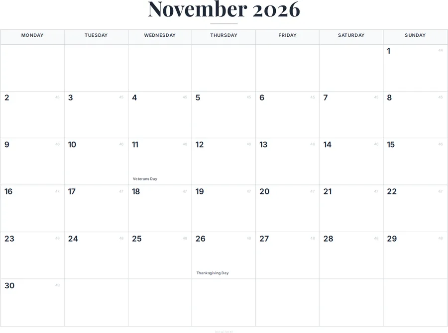 November 2026 Calendar Printable with US Holidays preview