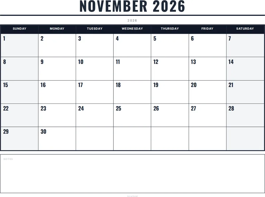 November 2026 Calendar Printable with Notes - Bold preview