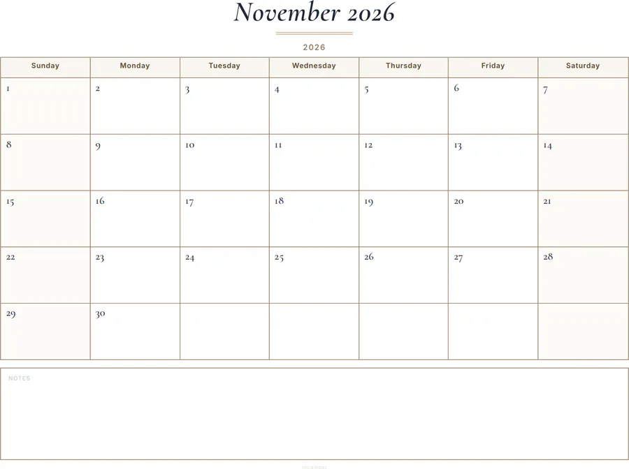 November 2026 Calendar Printable with Notes - Classic preview