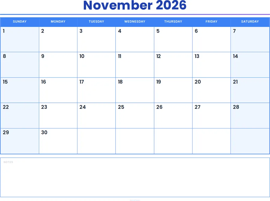 November 2026 Calendar Printable with Notes - Colored Header preview