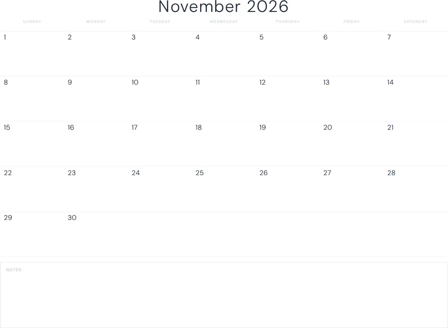 November 2026 Calendar Printable with Notes - Minimal preview