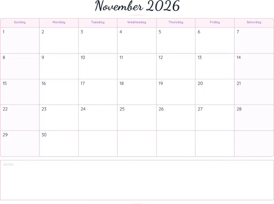 November 2026 Calendar Printable with Notes - Script preview