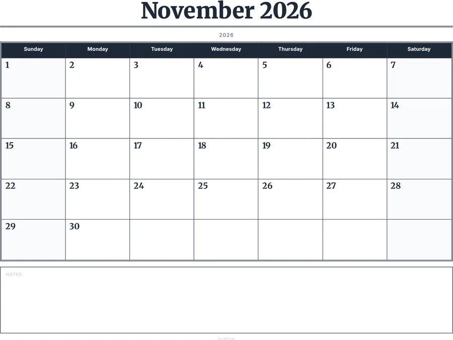 November 2026 Calendar Printable with Notes - Serif Grid preview