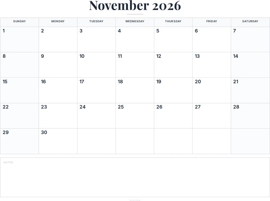November 2026 Calendar Printable with Notes preview