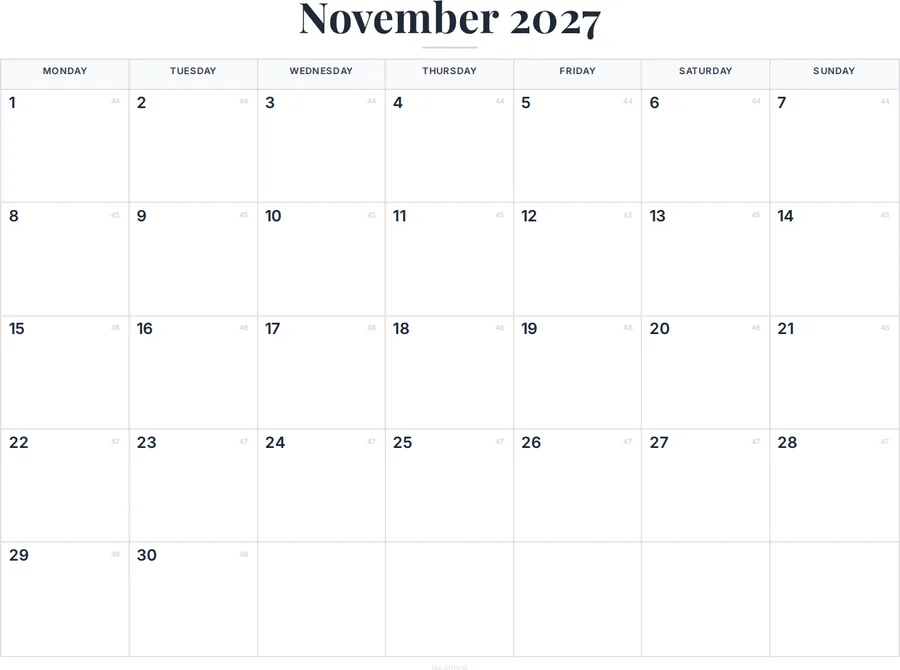 November 2027 Calendar with Holidays preview