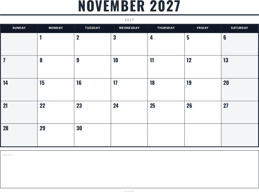 November 2027 Calendar Printable with Notes - Bold preview