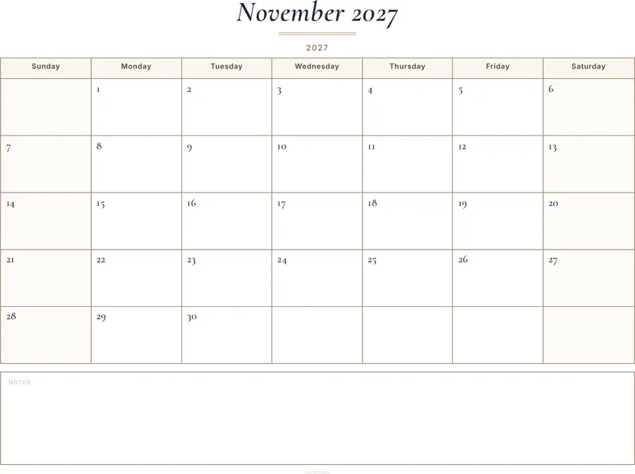 November 2027 Calendar Printable with Notes - Classic preview