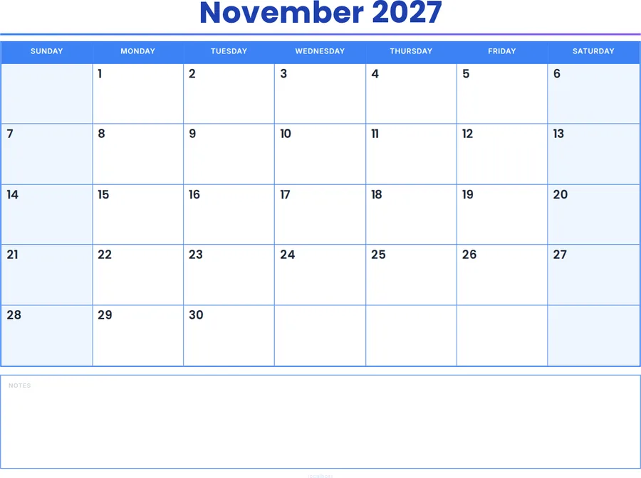 November 2027 Calendar Printable with Notes - Colored Header preview