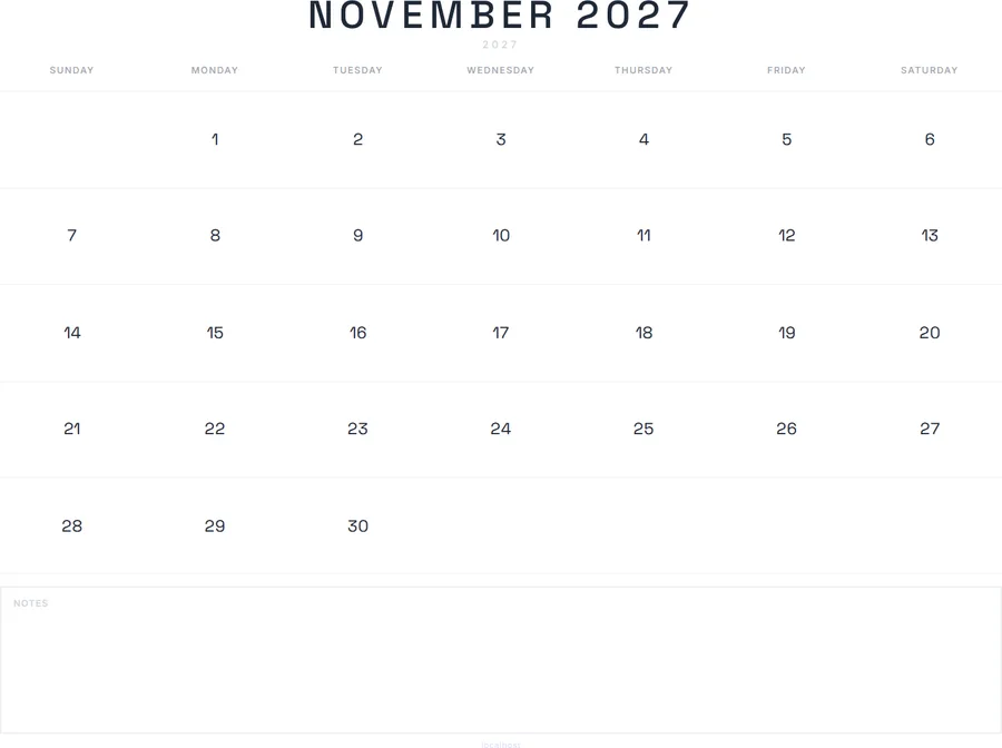 November 2027 Calendar Printable with Notes - Modern preview