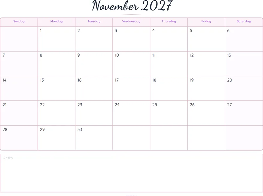 November 2027 Calendar Printable with Notes - Script preview