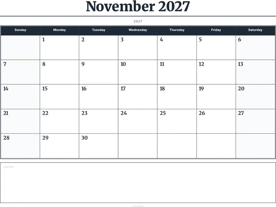 November 2027 Calendar Printable with Notes - Serif Grid preview