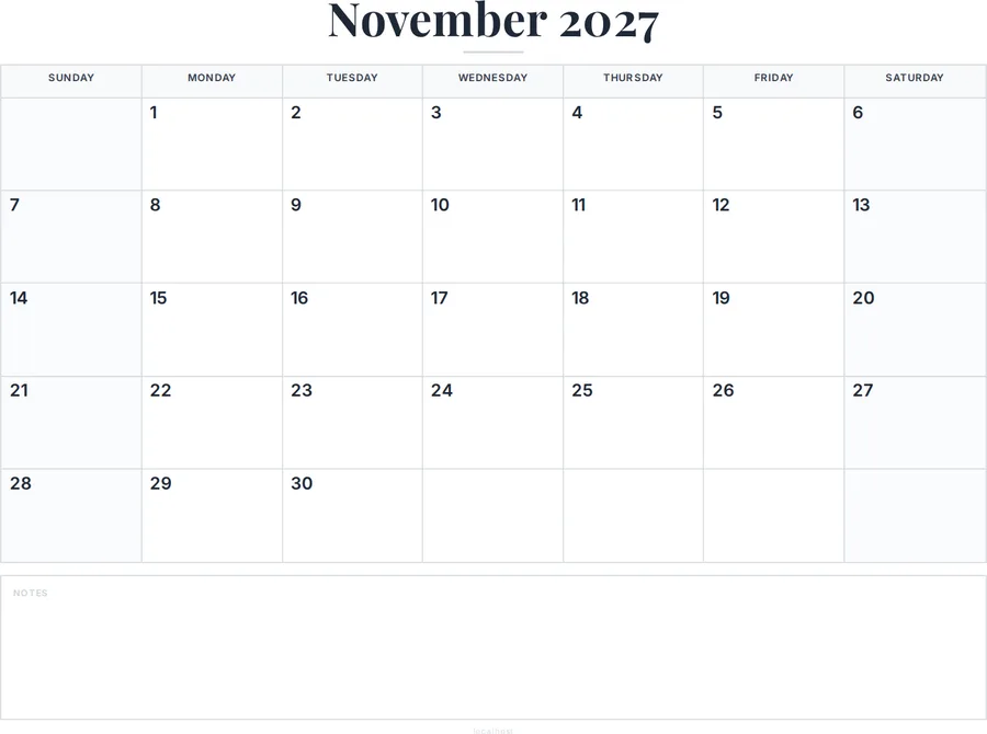November 2027 Calendar Printable with Notes preview