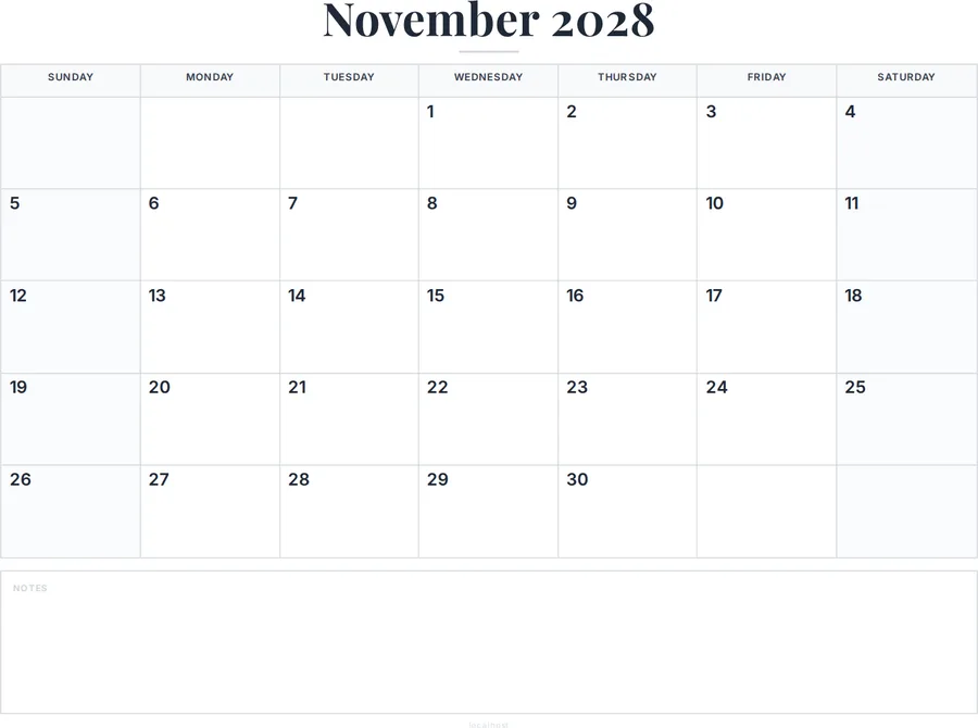 November 2028 Calendar Printable with Notes preview