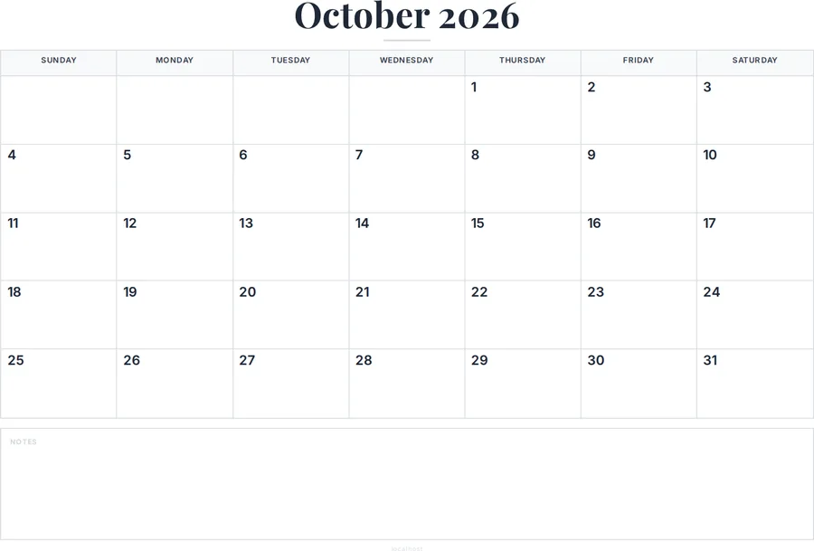 October 2026 Calendar Printable with Notes preview