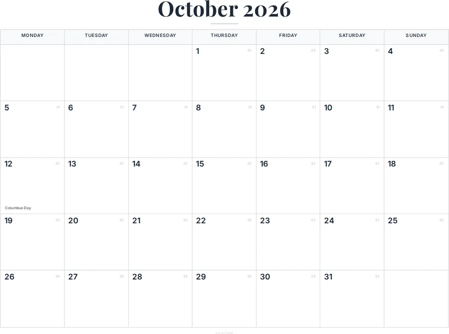 October 2026 Calendar Printable with US Holidays preview