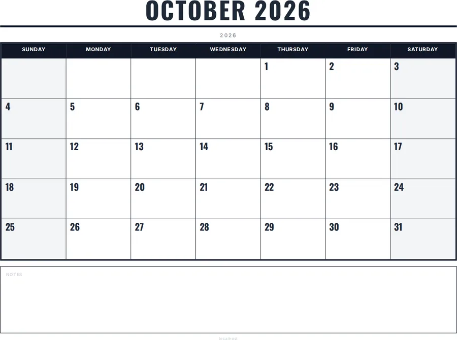 October 2026 Calendar Printable with Notes - Bold preview