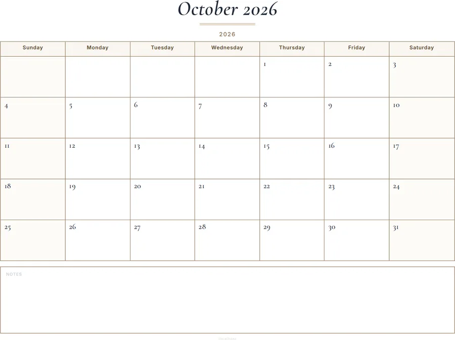 October 2026 Calendar Printable with Notes - Classic preview