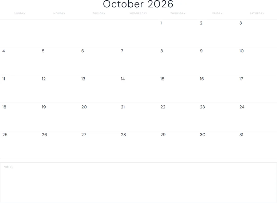 October 2026 Calendar Printable with Notes - Minimal preview