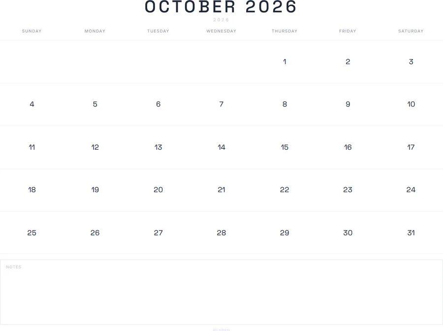 October 2026 Calendar Printable with Notes - Modern preview