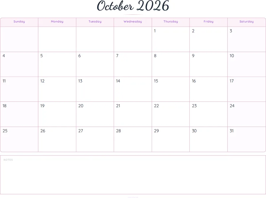 October 2026 Calendar Printable with Notes - Script preview