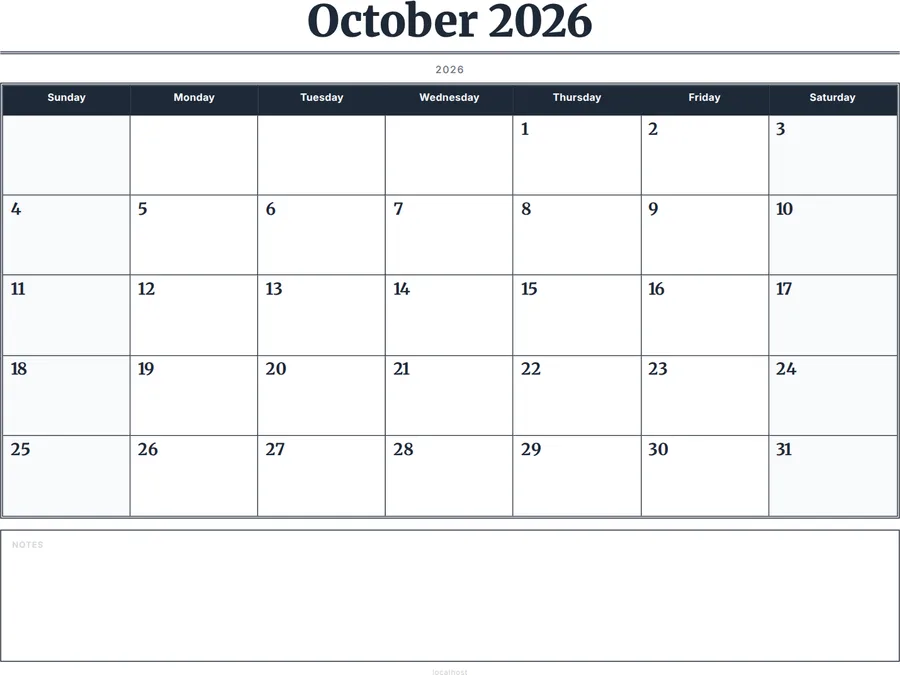 October 2026 Calendar Printable with Notes - Serif Grid preview