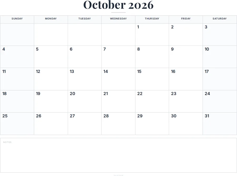October 2026 Calendar Printable with Notes preview