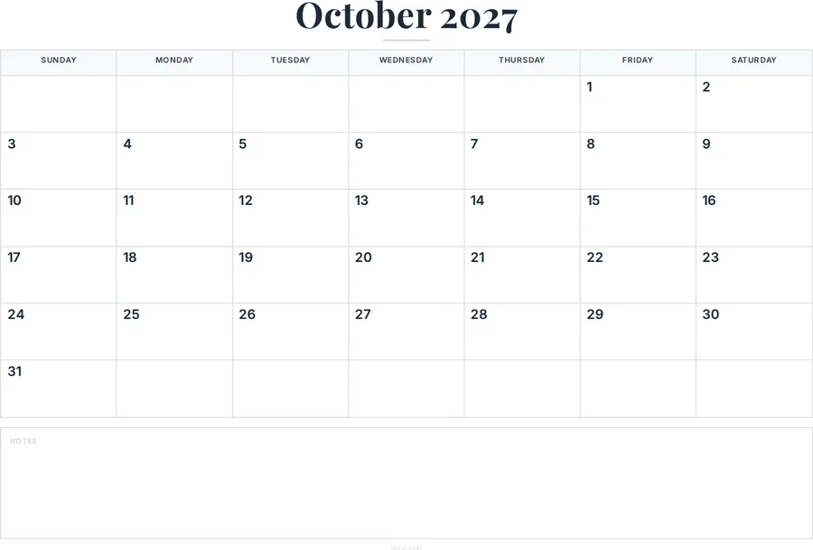 October 2027 Calendar Printable with Notes preview