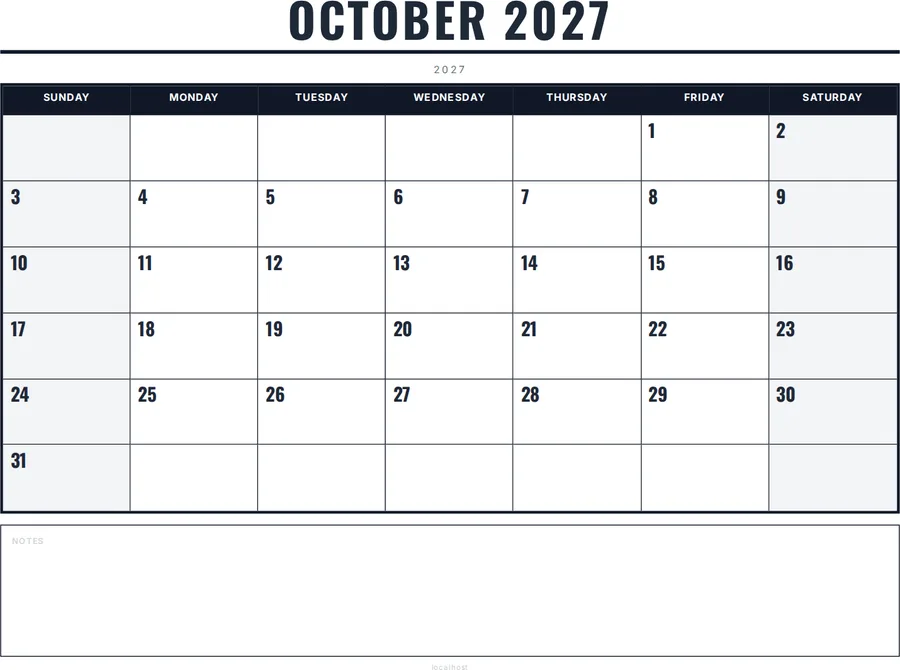 October 2027 Calendar Printable with Notes - Bold preview