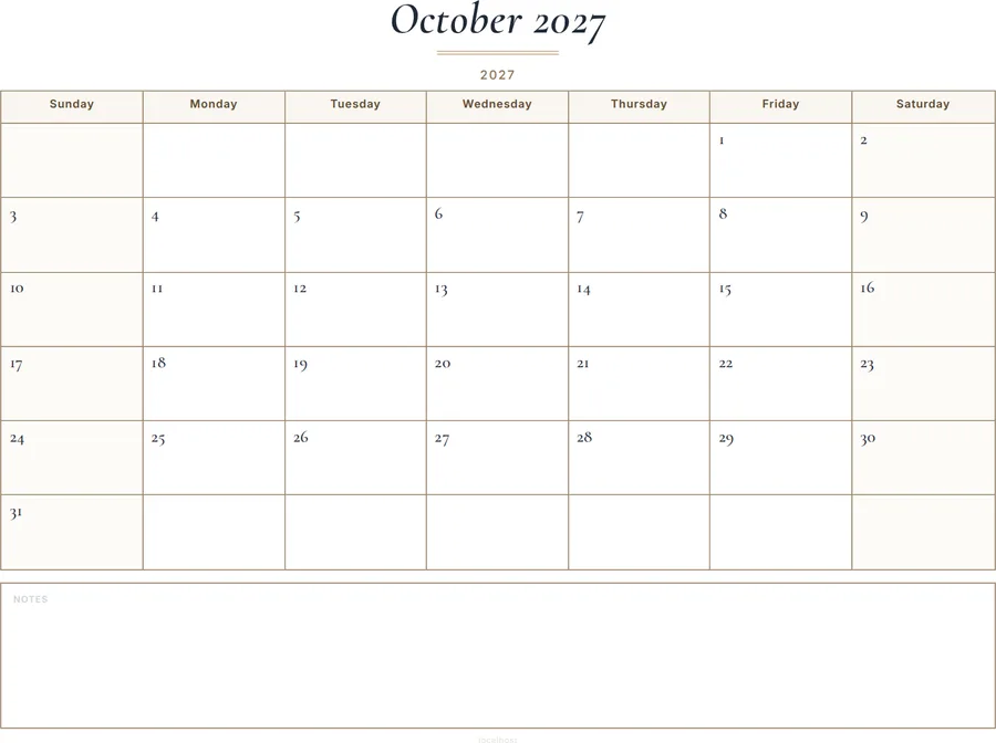 October 2027 Calendar Printable with Notes - Classic preview