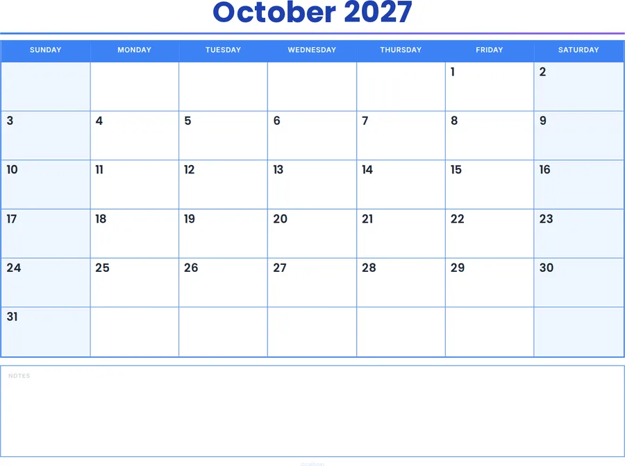 October 2027 Calendar Printable with Notes - Colored Header preview