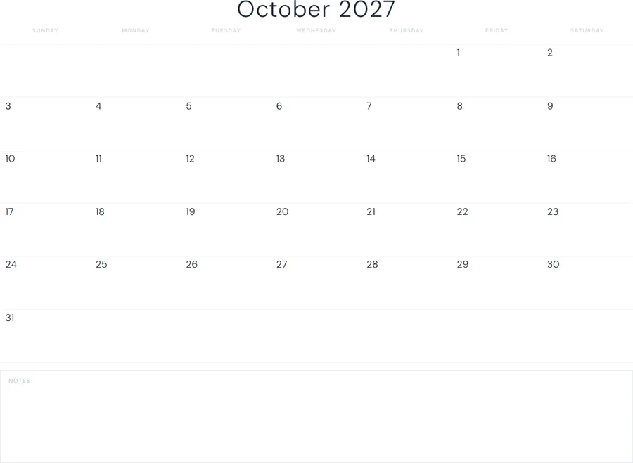 October 2027 Calendar Printable with Notes - Minimal preview