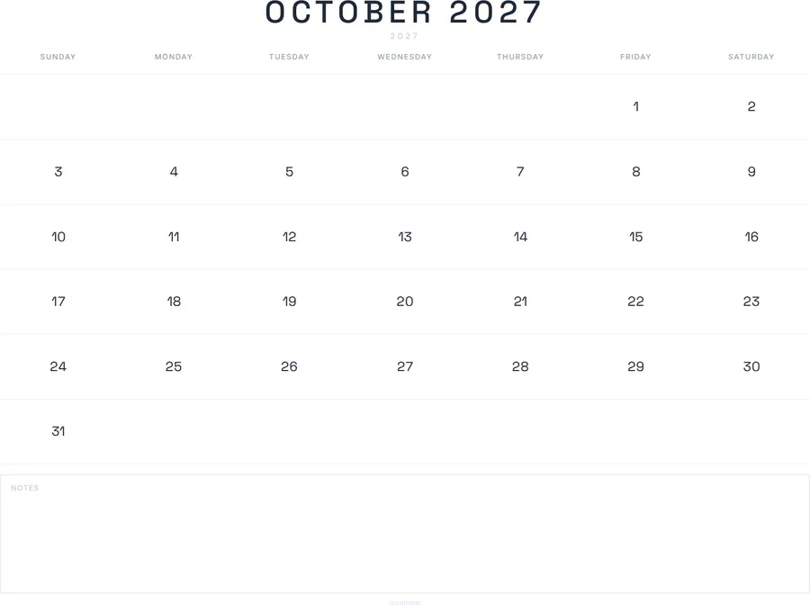 October 2027 Calendar Printable with Notes - Modern preview