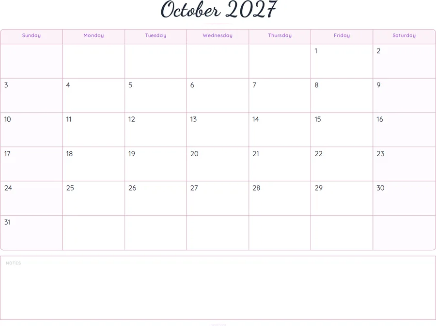 October 2027 Calendar Printable with Notes - Script preview